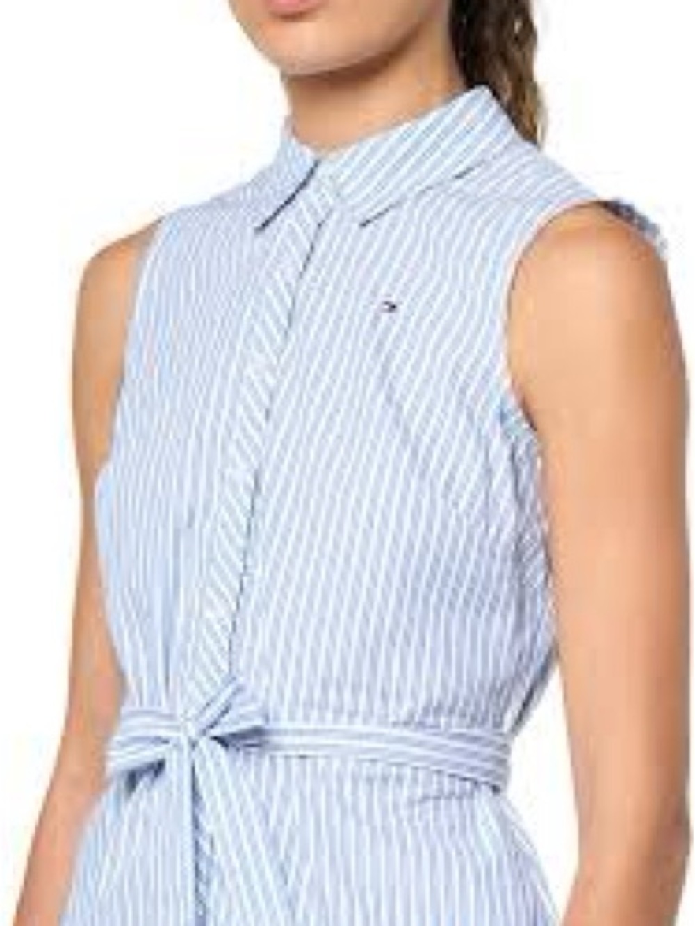 Tommy Hilfiger Sleeveless Blue Stripe Tie-Waist Shirt Dress